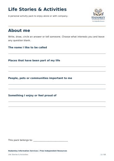 First page of Life stories and activities