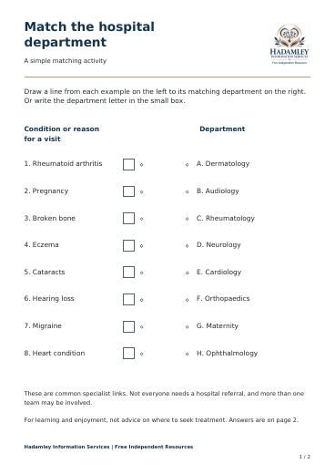 First page of Match the hospital department